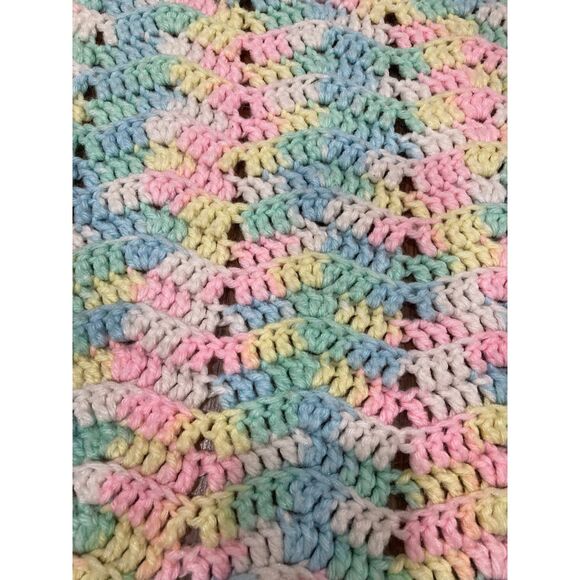 Hand Made  Crocheted Baby Afghan Blanket  Blue Pink, Yellow and White - Picture 1 of 4